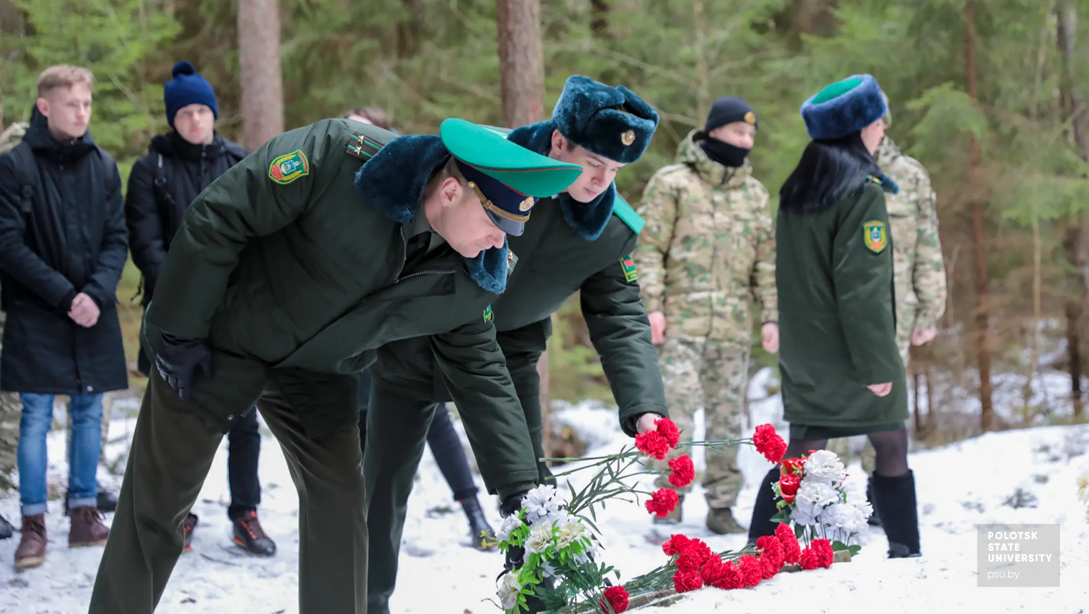 Tribute to the fallen heroes at the crash place of the IL-2 attack aircraft. Military personnel lay flowers