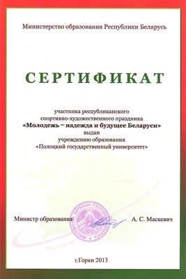 Праздник «Молодежь – надежда и будущее Беларуси» - Сертификат