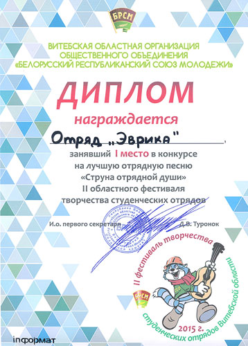 Диплом областного фестиваля творчества студотрядов