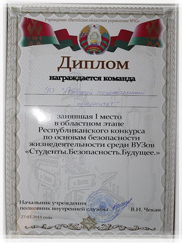 Диплом за первое место в конкурсе «Студенты. Безопасность. Будущее» Диплом конкурса «Студенты. Безопасность. Будущее»