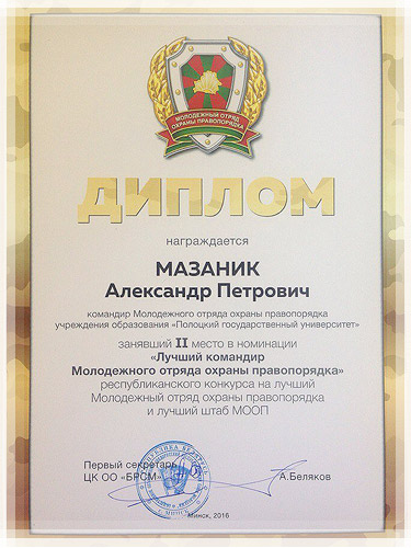 Диплом в номинации «Лучший командир Молодежного отряда охраны правопорядка»