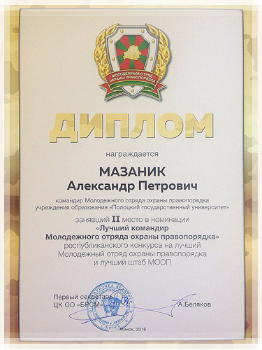 Диплом в номинации «Лучший командир Молодежного отряда охраны правопорядка» Диплом в номинации «Лучший командир Молодежного отряда охраны правопорядка»