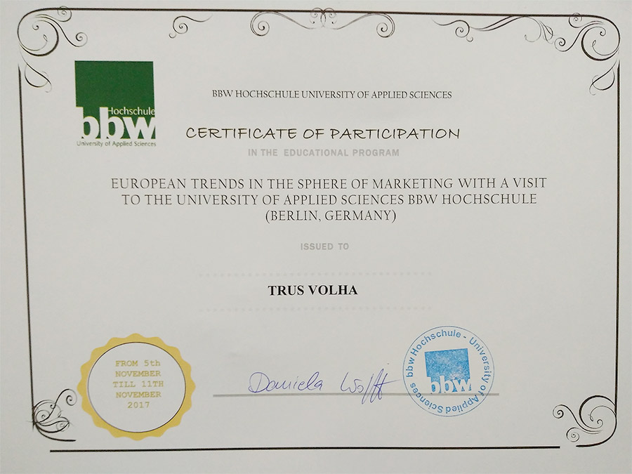 The certificate issued by BBW Hochschule