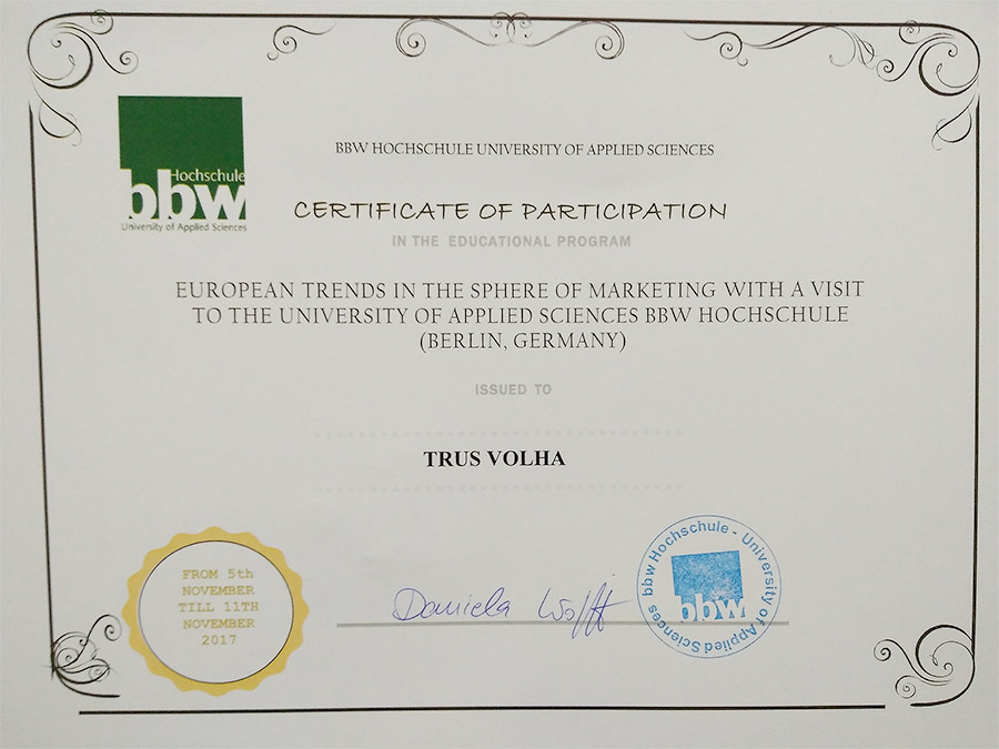 The certificate issued by BBW Hochschule (Berlin) The certificate issued by BBW Hochschule