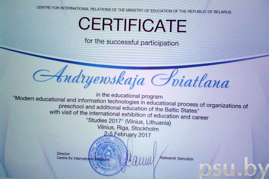 The certificate of the programme «Studies 2017»