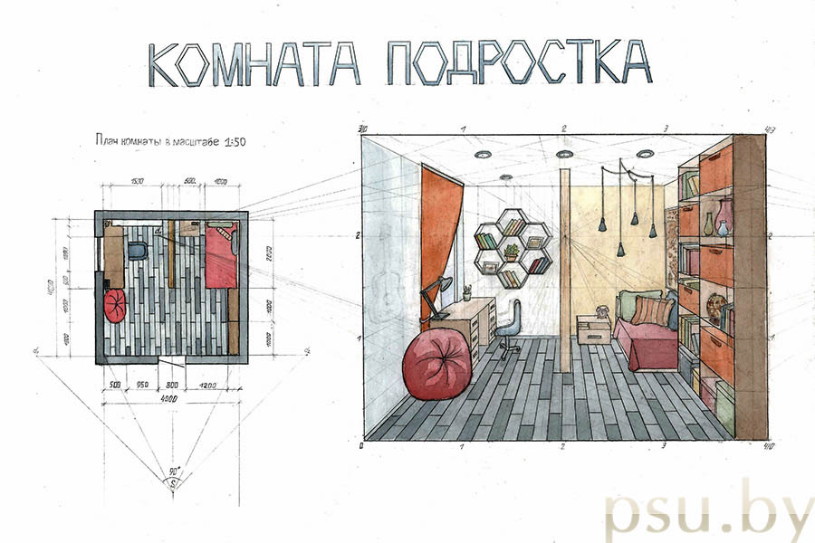 A plan and perspective of the interior Plan and perspective of the interior