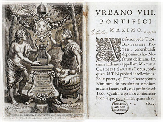 Фронтиспис Lyricorum libri IV М.К. Сарбевского, украшенный медеритом П.Рубенса (Антверпен, 1632 г.)